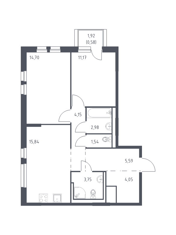 3-комнатная (Евро) квартира, 64.35 м² - планировка, фото №1