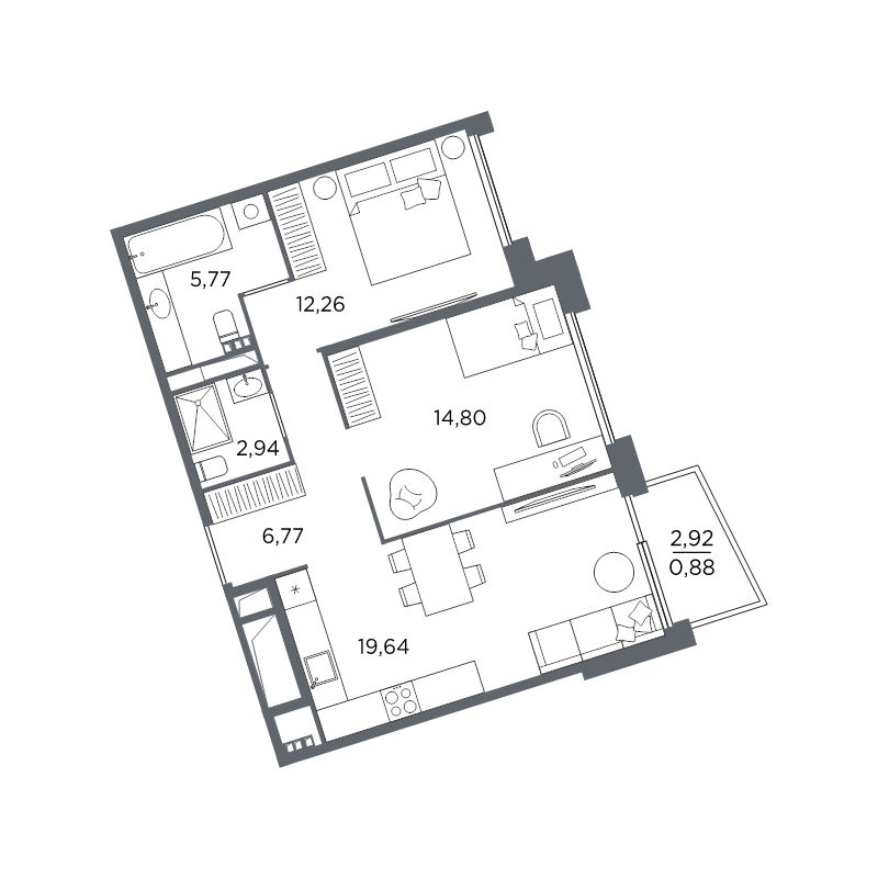 3-комнатная (Евро) квартира, 63.06 м² в ЖК "Акватория" - планировка, фото №1