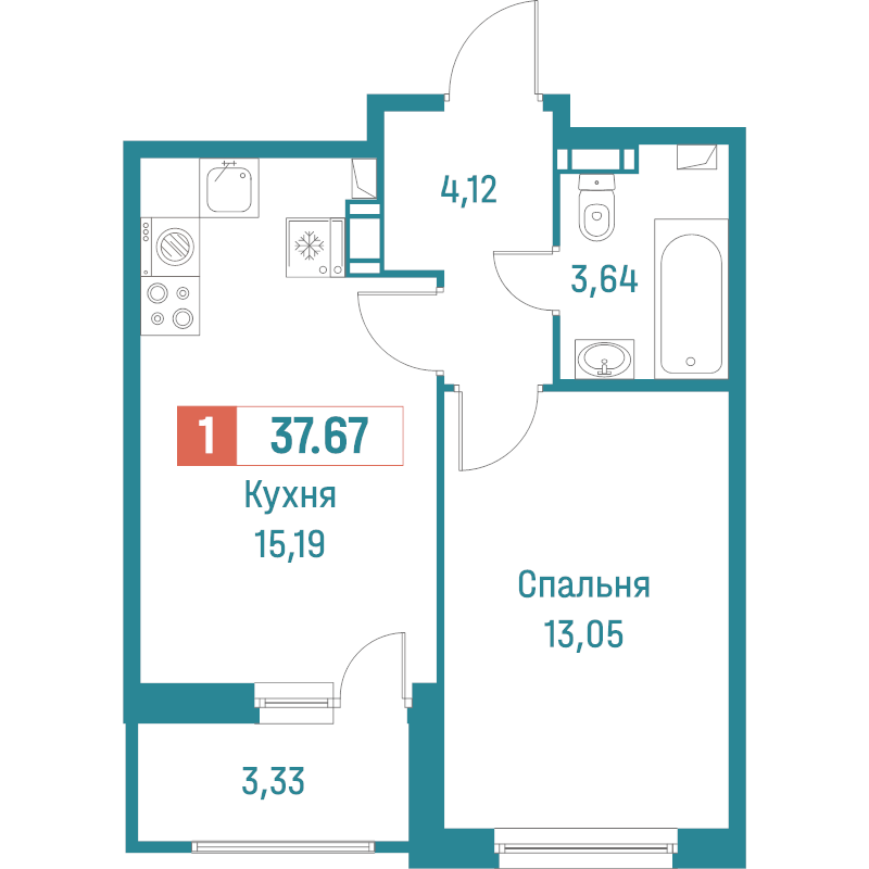 2-комнатная (Евро) квартира, 37.67 м² в ЖК "Графика" - планировка, фото №1