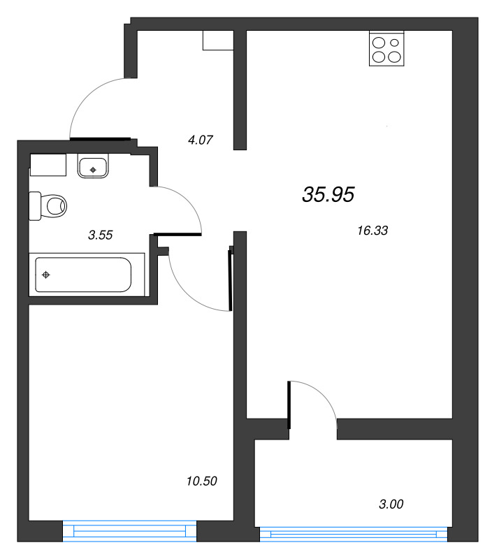 2-комнатная (Евро) квартира, 35.95 м² в ЖК "ЛесArt" - планировка, фото №1