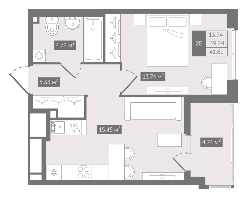 2-комнатная (Евро) квартира, 41.61 м² в ЖК "N8" - планировка, фото №1