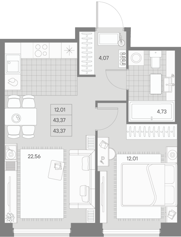 2-комнатная (Евро) квартира, 43.37 м² - планировка, фото №1