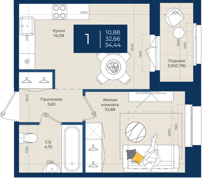 1-комнатная квартира, 34.44 м² в ЖК "Новатория" - планировка, фото №1