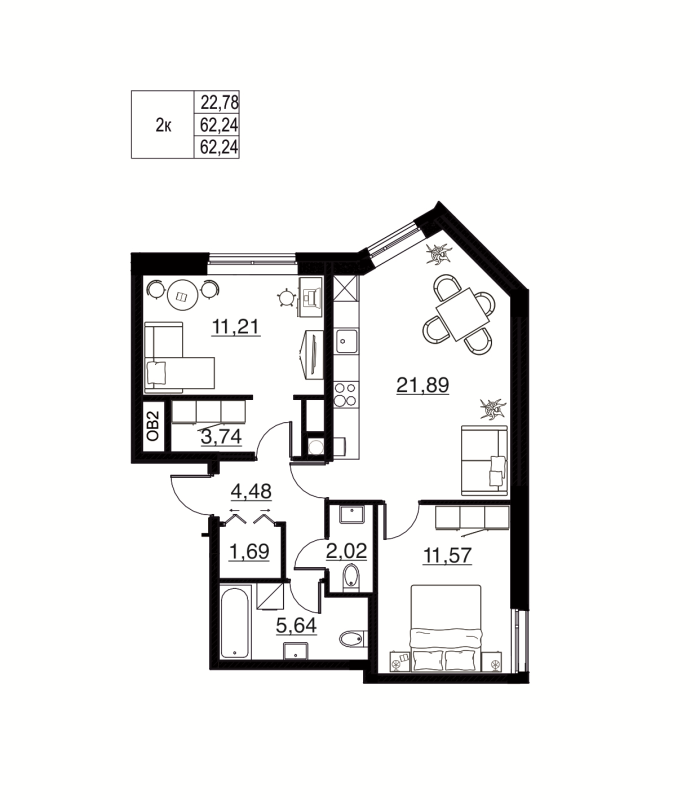 3-комнатная (Евро) квартира, 62.24 м² в ЖК "Соло. Петергоф" - планировка, фото №1