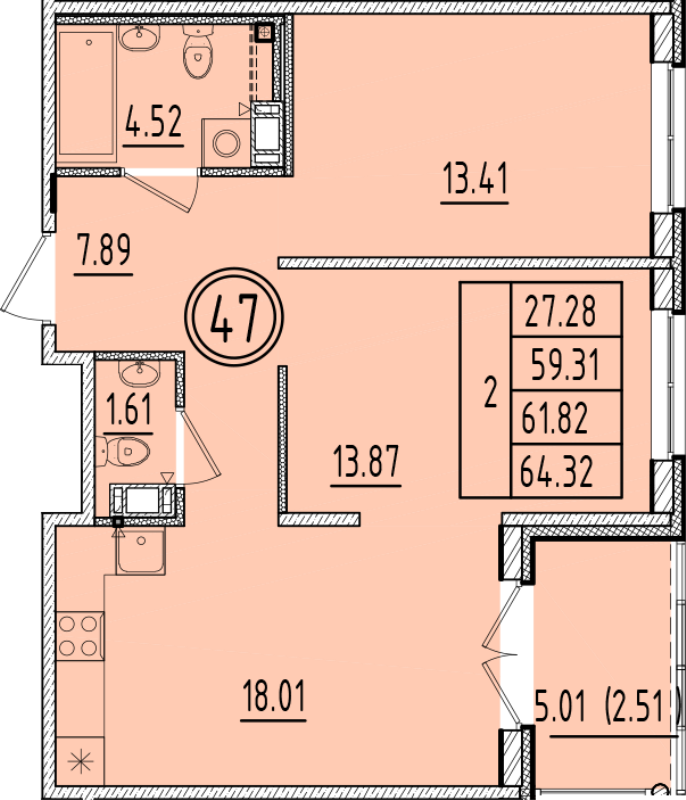 3-комнатная (Евро) квартира, 59.31 м² в ЖК "Образцовый квартал 6.4" - планировка, фото №1
