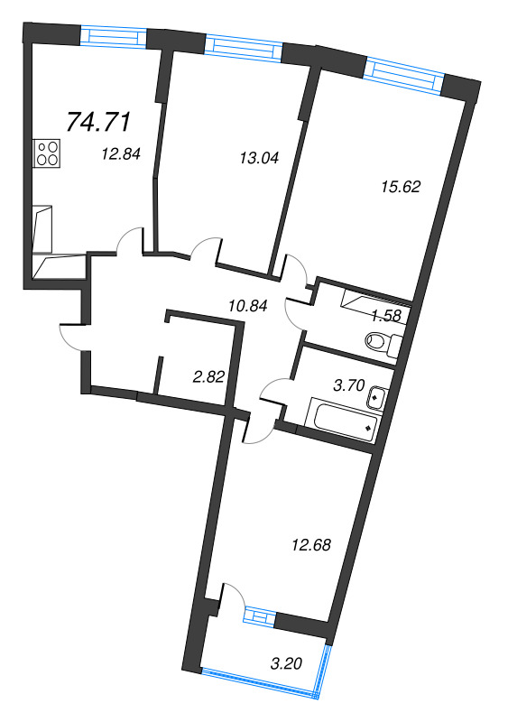 4-комнатная (Евро) квартира, 74.71 м² в ЖК "Дом Левитан" - планировка, фото №1