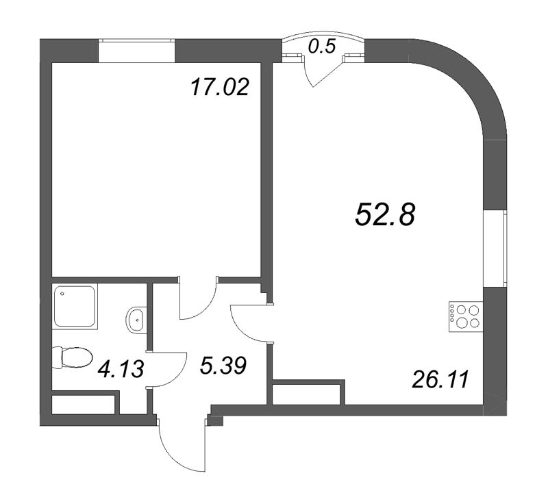 2-комнатная (Евро) квартира, 52.8 м² - планировка, фото №1