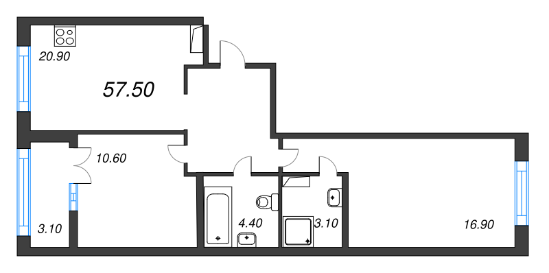 2-комнатная квартира, 57.5 м² - планировка, фото №1