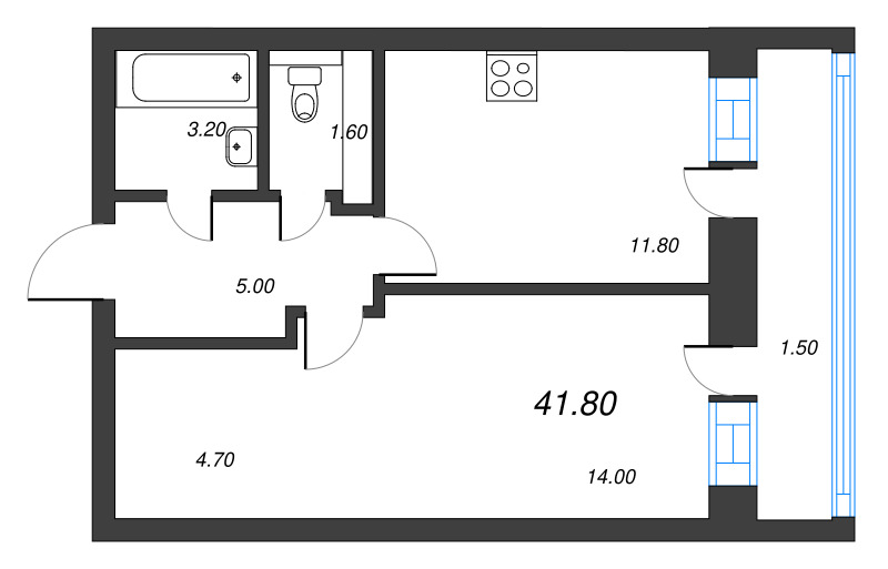 1-комнатная квартира, 41.8 м² - планировка, фото №1