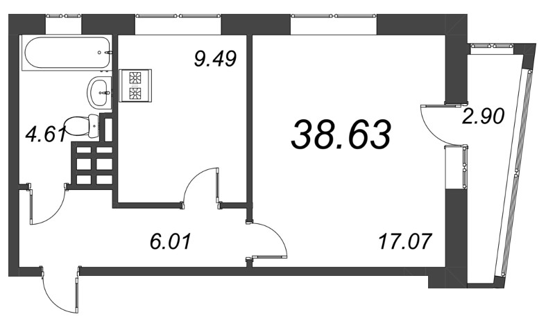 1-комнатная квартира, 38.63 м² - планировка, фото №1