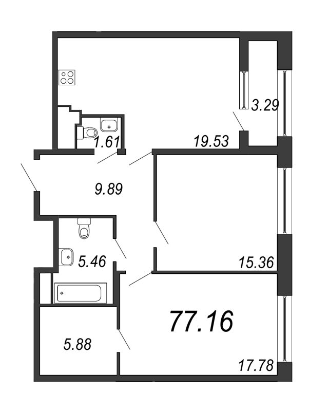 3-комнатная (Евро) квартира, 77.16 м² - планировка, фото №1