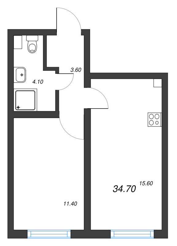 1-комнатная квартира, 34.7 м² - планировка, фото №1