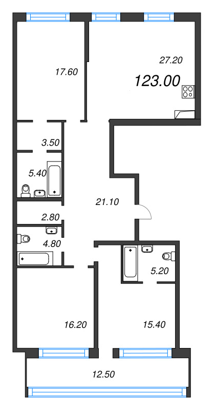 4-комнатная (Евро) квартира, 123 м² в ЖК "ЛДМ" - планировка, фото №1