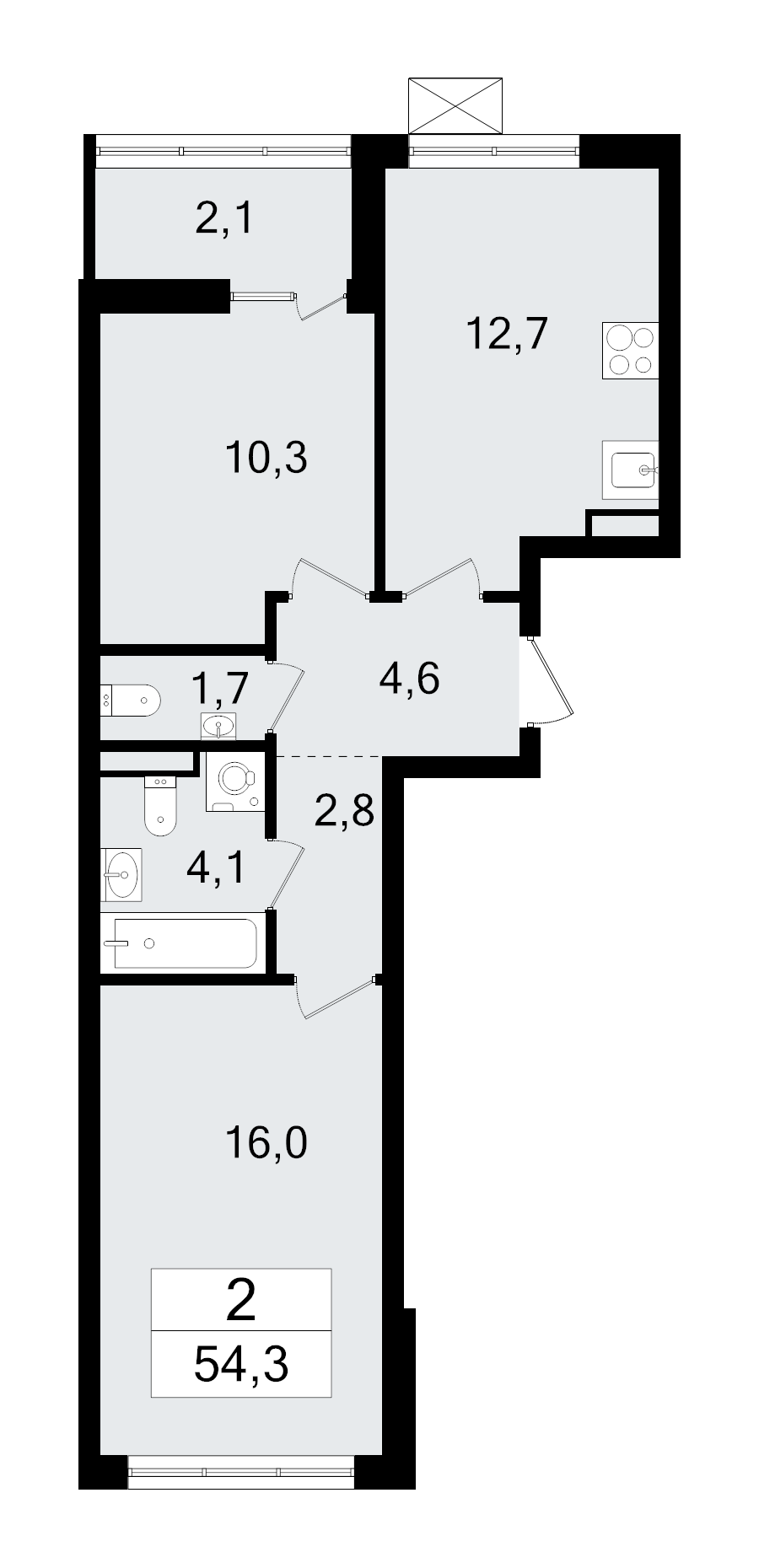 2-комнатная квартира, 54.3 м² - планировка, фото №1