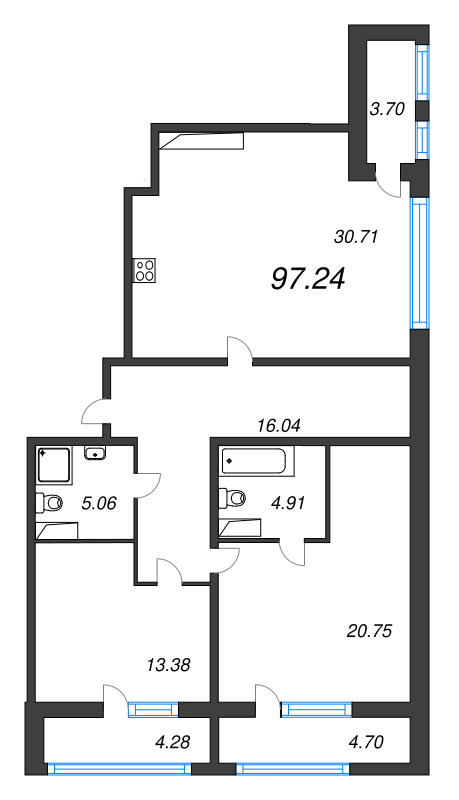 3-комнатная (Евро) квартира, 100.2 м² в ЖК "Аквилон Ливз" - планировка, фото №1