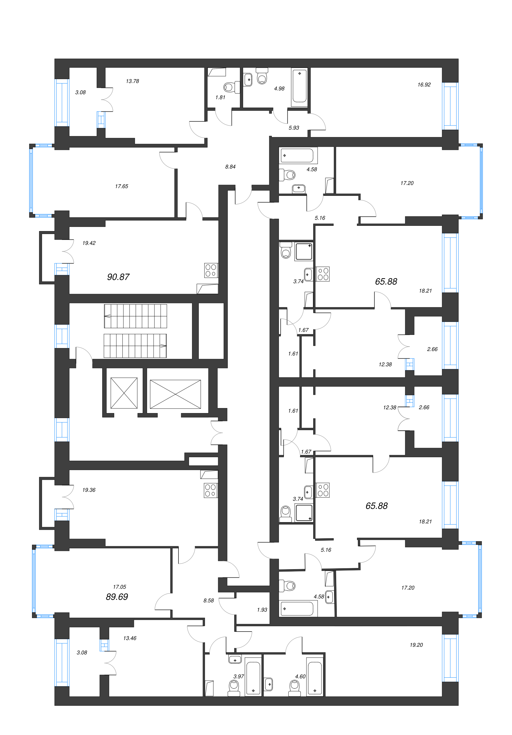 3-комнатная квартира, 89.69 м² - планировка этажа