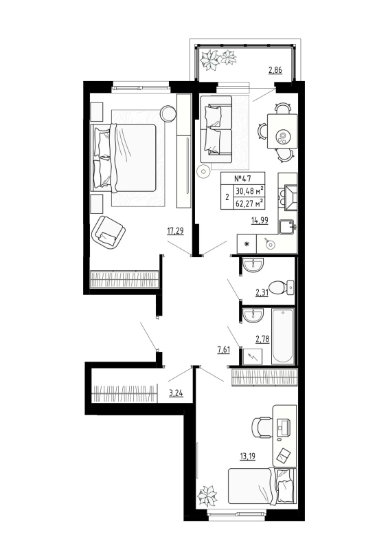 2-комнатная квартира, 62.27 м² - планировка, фото №1