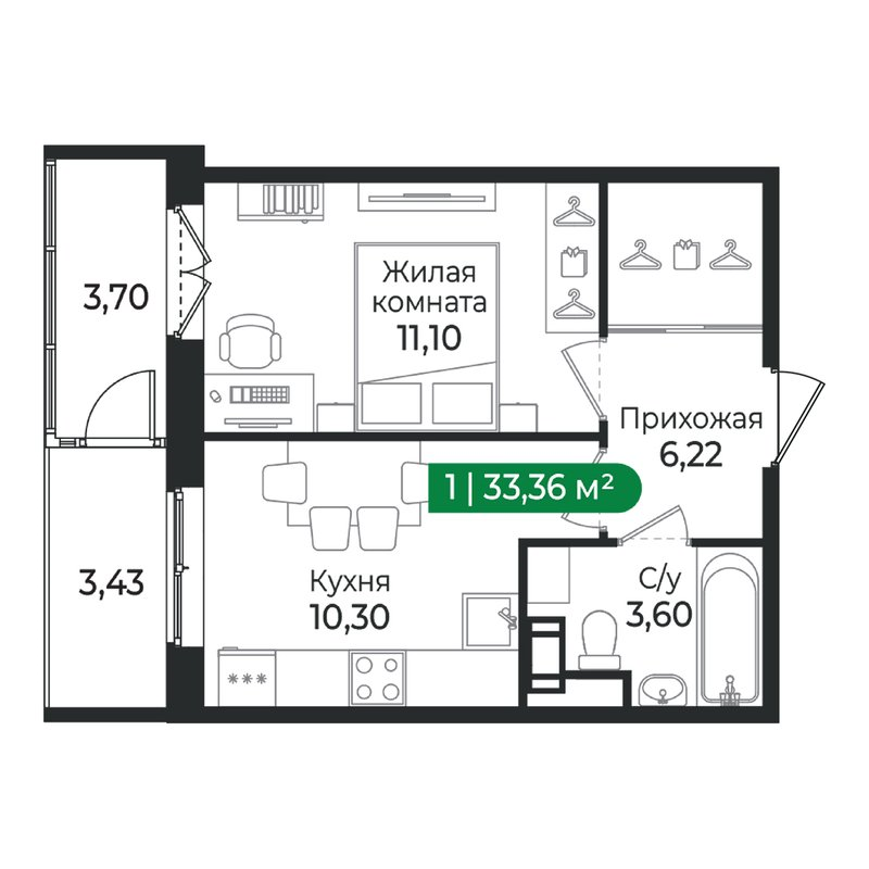 1-комнатная квартира, 33.36 м² в ЖК "Сертолово Парк" - планировка, фото №1