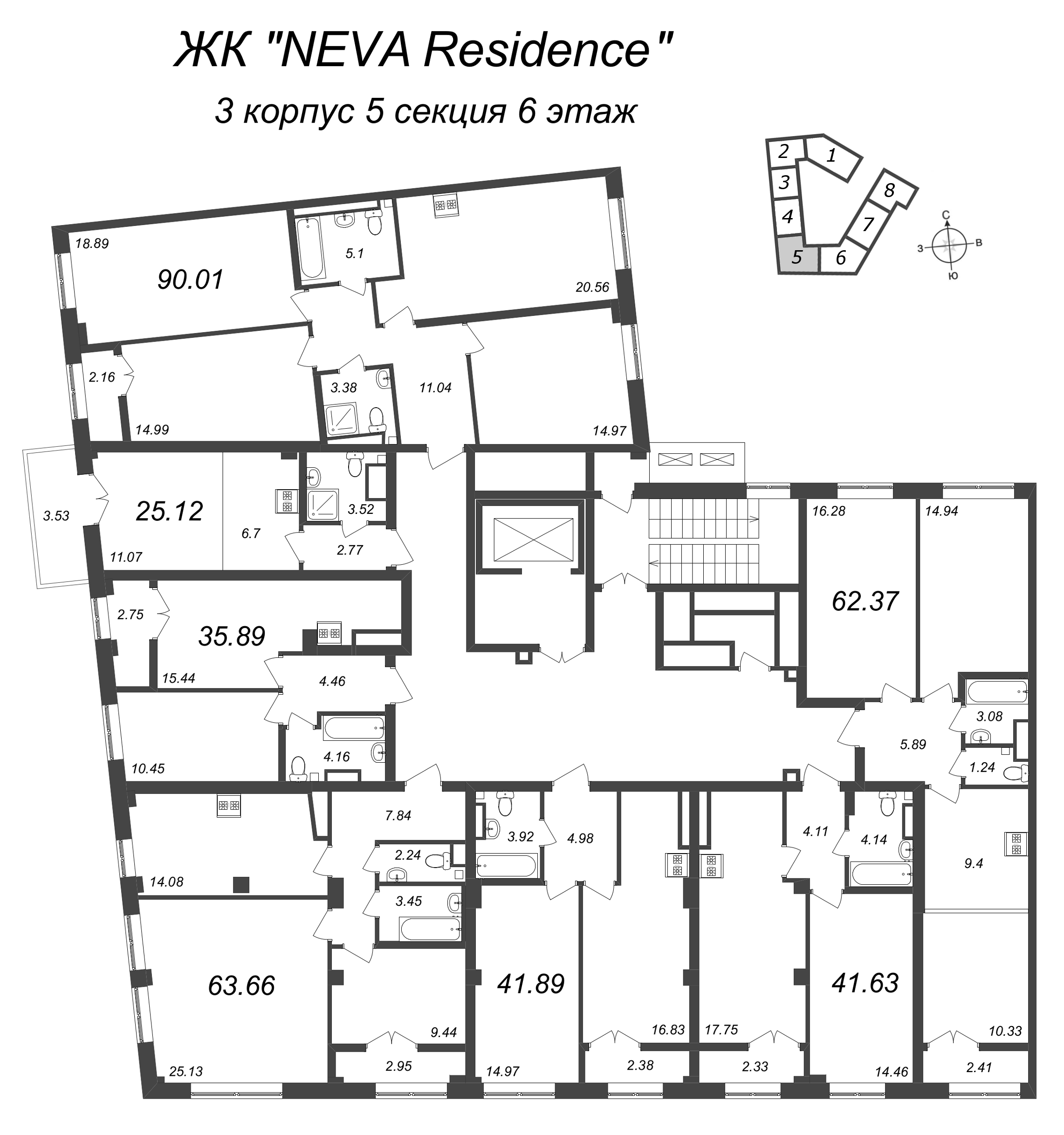 2-комнатная квартира, 63.66 м² в ЖК "Neva Residence" - планировка этажа