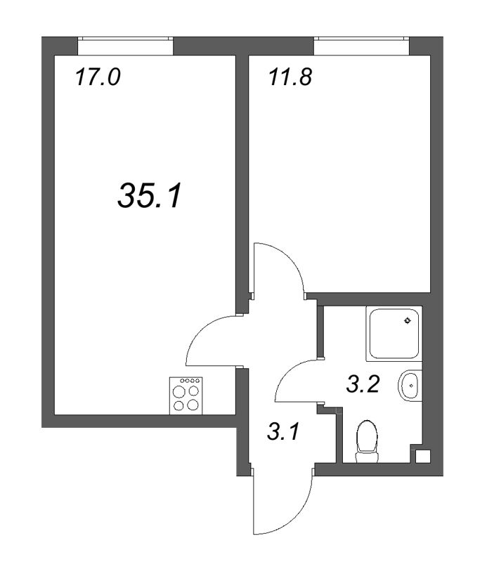 2-комнатная (Евро) квартира, 35.1 м² - планировка, фото №1
