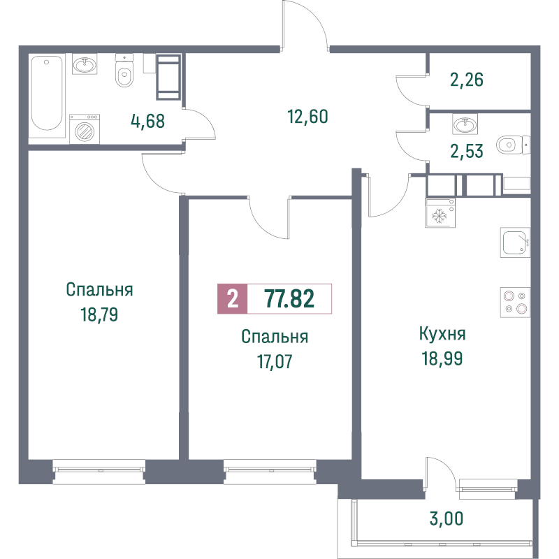 3-комнатная (Евро) квартира, 77.82 м² в ЖК "Фотограф" - планировка, фото №1