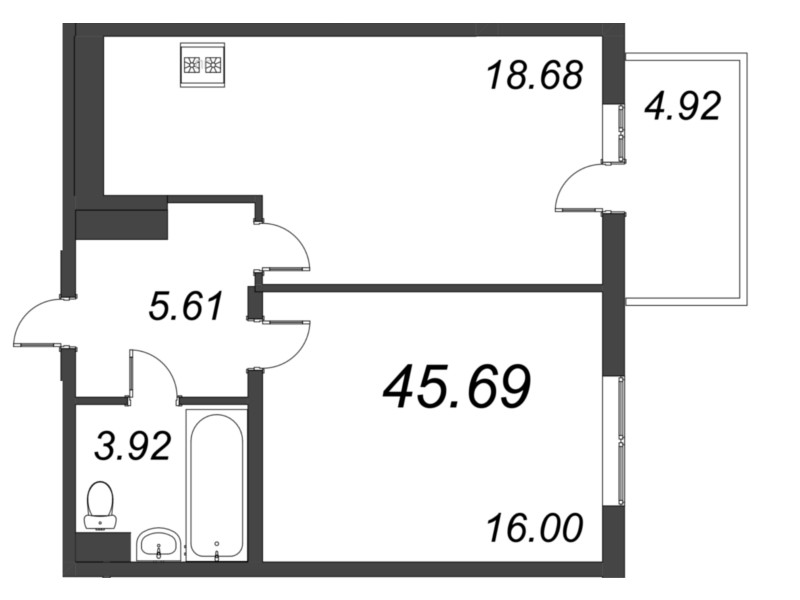 2-комнатная (Евро) квартира, 45.69 м² - планировка, фото №1