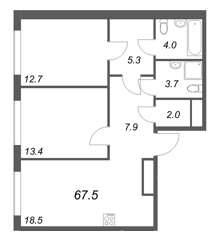 3-комнатная (Евро) квартира, 67.5 м² в ЖК "Гений" - планировка, фото №1