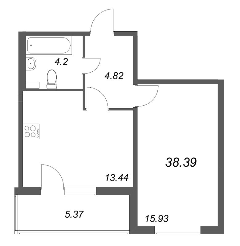 1-комнатная квартира, 38.39 м² в ЖК "Любоград" - планировка, фото №1