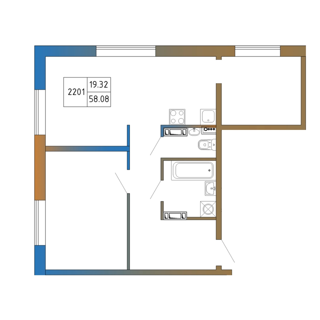 2-комнатная квартира, 58.08 м² в ЖК "Атмосфера Выборга" - планировка, фото №1