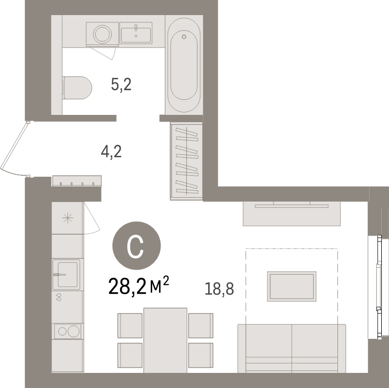Квартира-студия, 28.2 м² в ЖК "Брусника в Новоселье" - планировка, фото №1