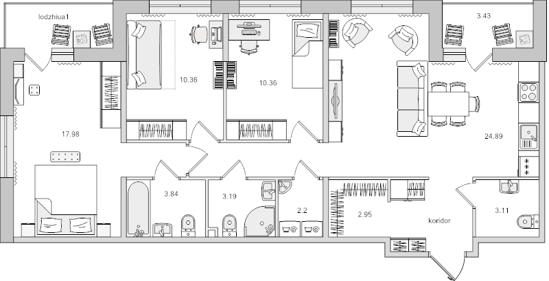 4-комнатная (Евро) квартира, 95.46 м² в ЖК "Dreamline" - планировка, фото №1