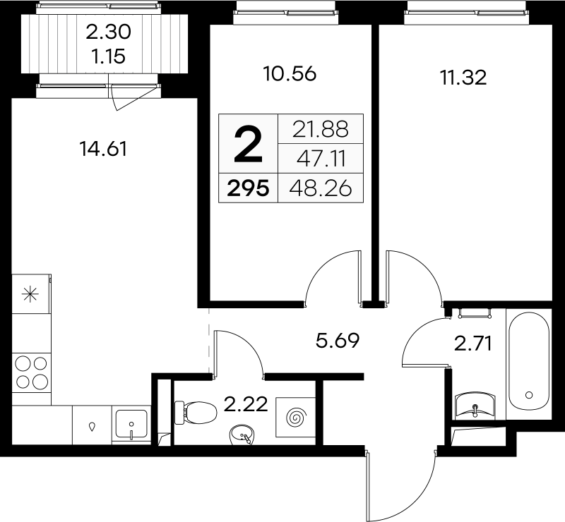 2-комнатная квартира, 48.26 м² - планировка, фото №1