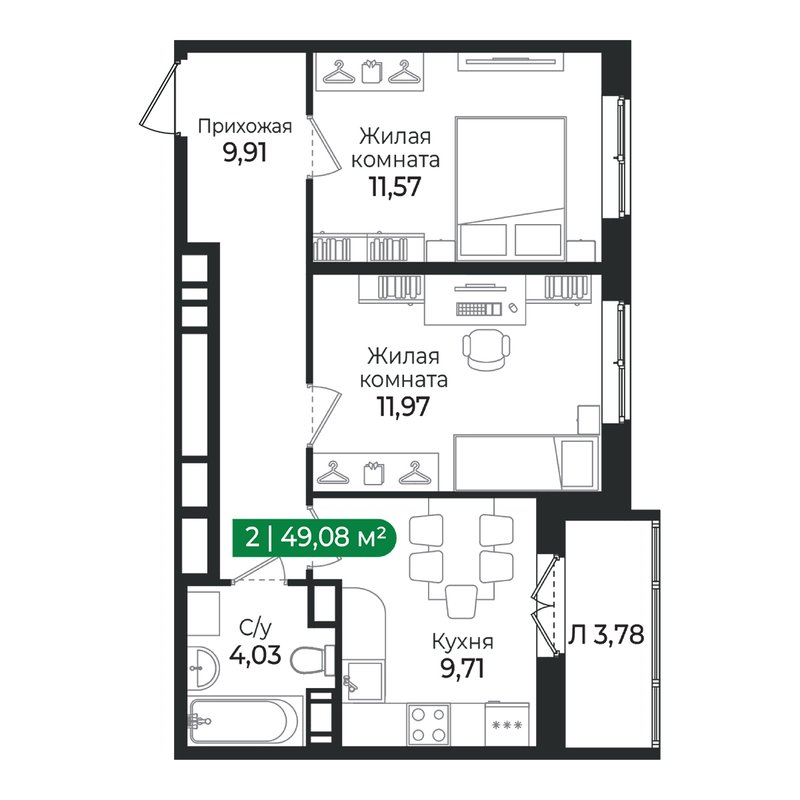 2-комнатная квартира, 49.08 м² в ЖК "Сертолово Парк" - планировка, фото №1