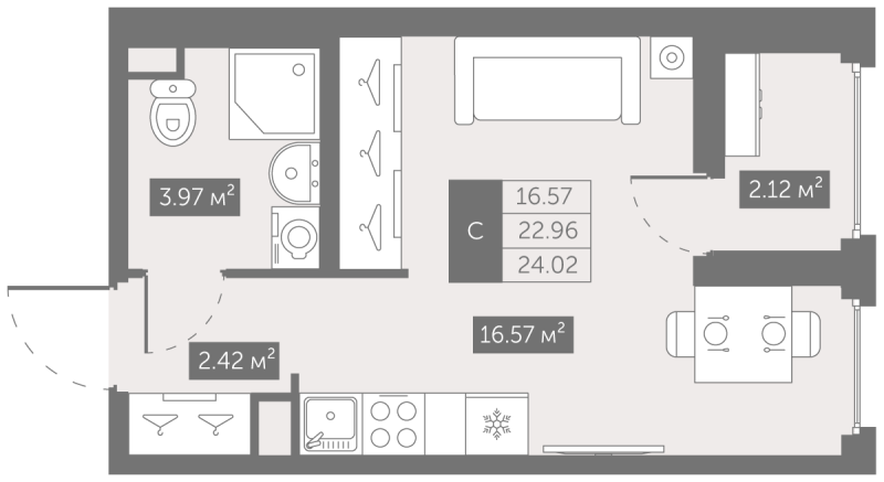 Квартира-студия, 24.02 м² - планировка, фото №1