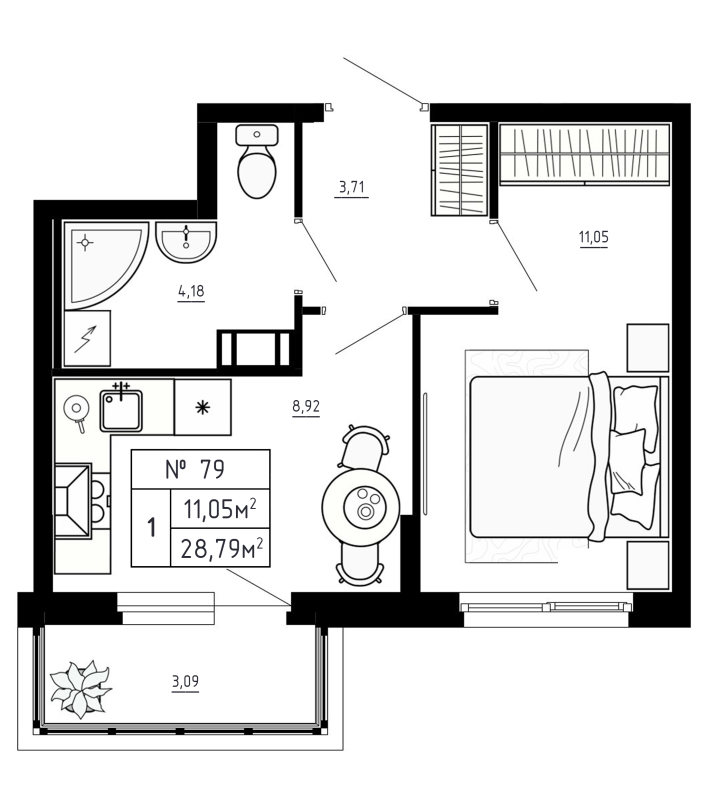 1-комнатная квартира, 28.79 м² в ЖК "Аннино Сити" - планировка, фото №1