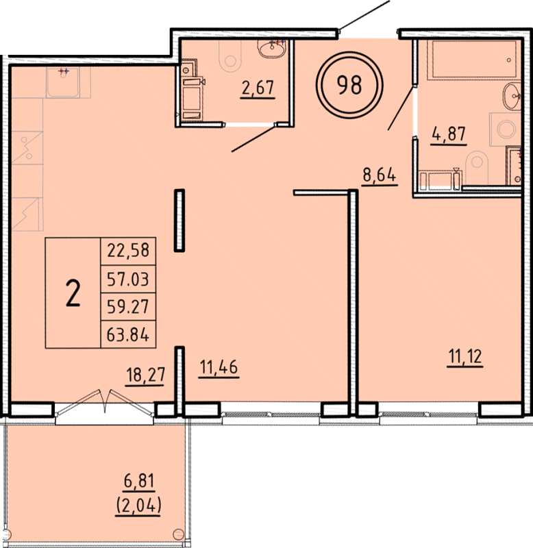 3-комнатная (Евро) квартира, 57.03 м² - планировка, фото №1
