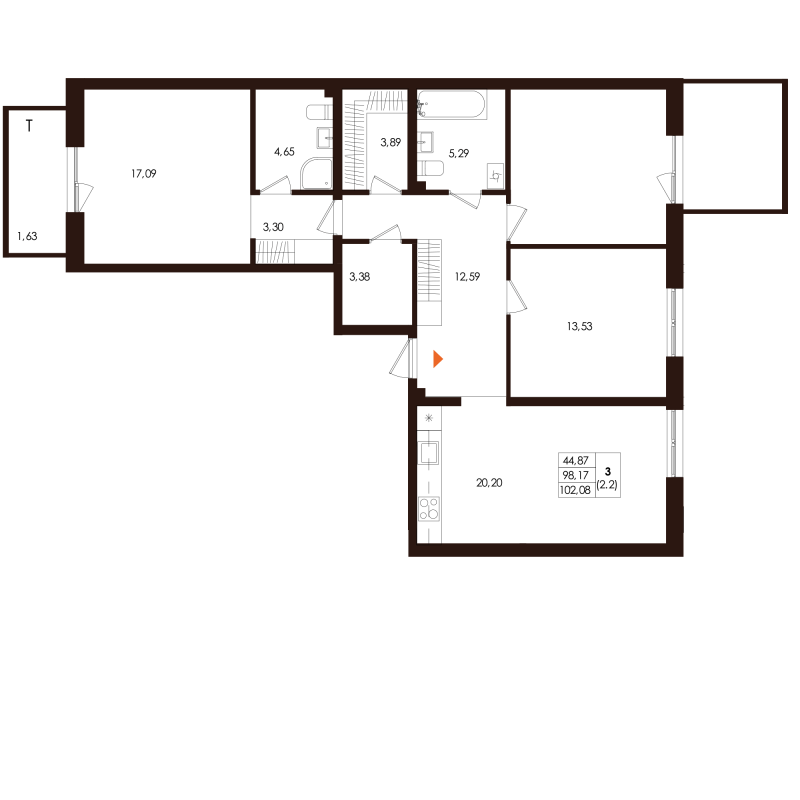 4-комнатная (Евро) квартира, 102.08 м² в ЖК "Лисино" - планировка, фото №1