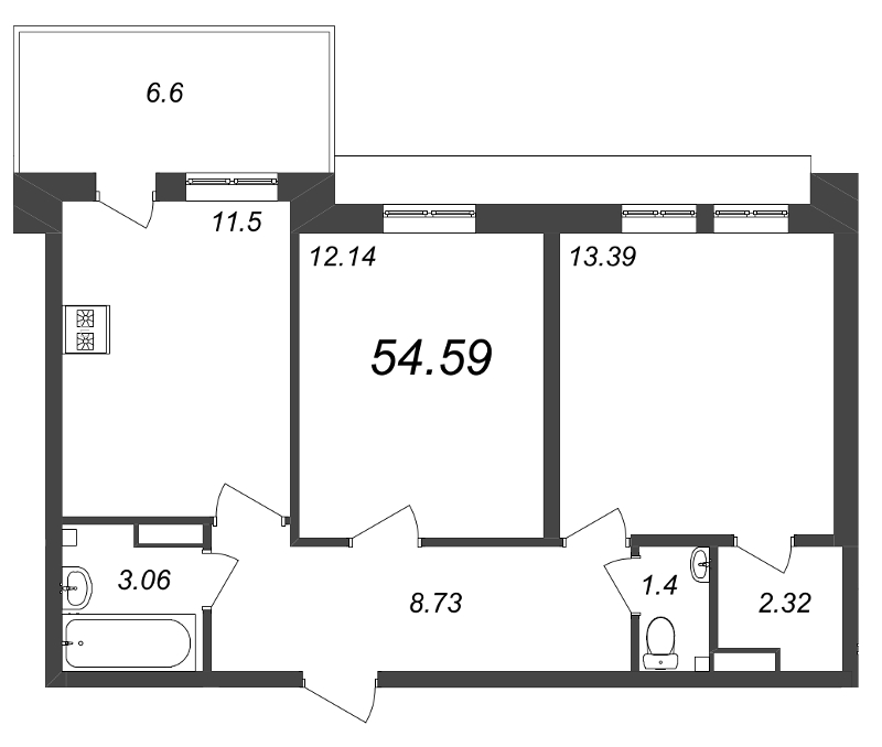 2-комнатная квартира, 59.38 м² - планировка, фото №1
