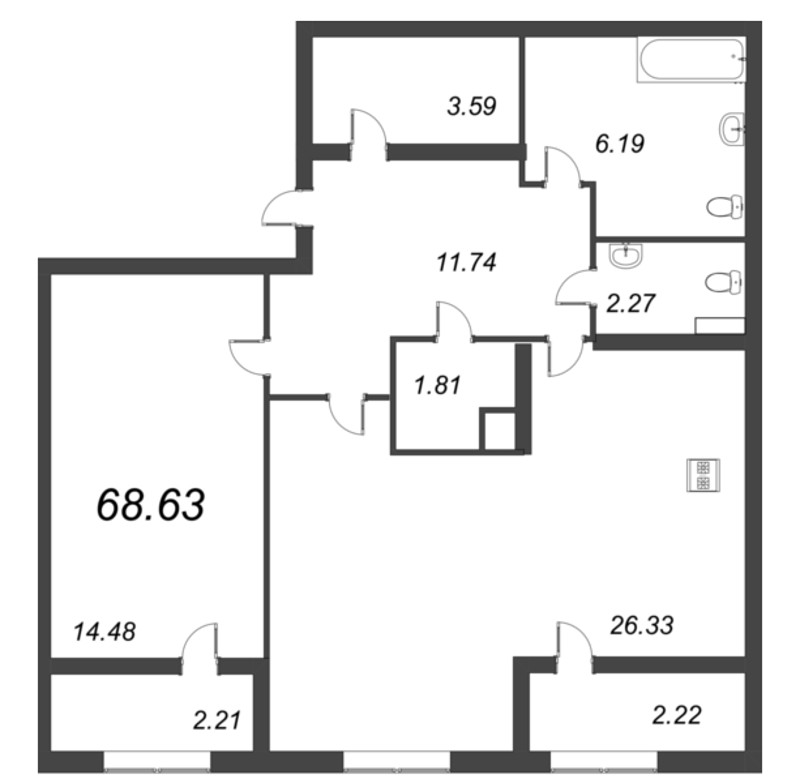 2-комнатная (Евро) квартира, 68.63 м² - планировка, фото №1