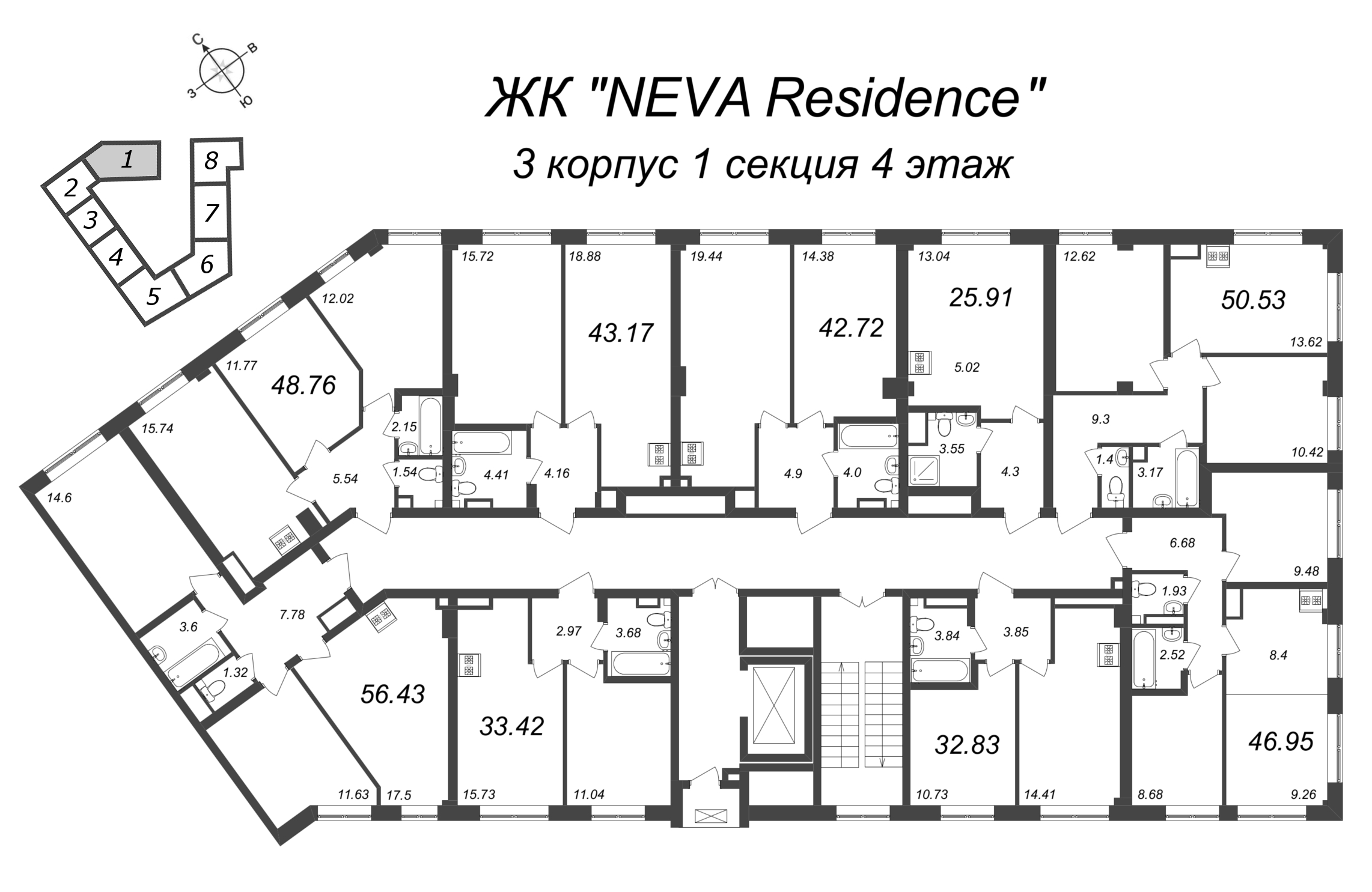 2-комнатная (Евро) квартира, 43.17 м² - планировка этажа