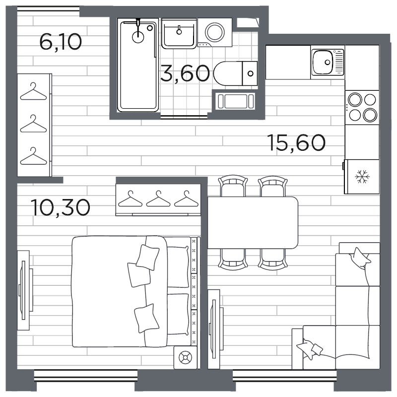 2-комнатная (Евро) квартира, 36.6 м² в ЖК "Плюс Пулковский" - планировка, фото №1