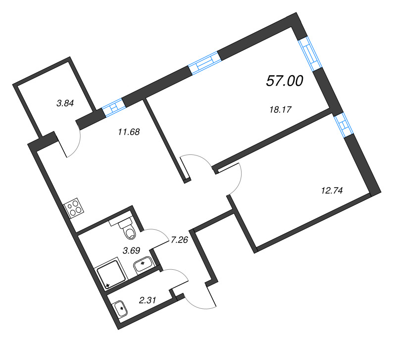 2-комнатная квартира, 57 м² в ЖК "Рощино Residence" - планировка, фото №1