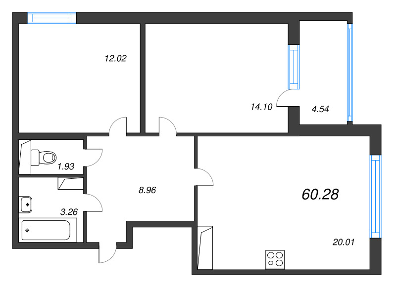 3-комнатная (Евро) квартира, 60.28 м² в ЖК "ЮгТаун" - планировка, фото №1