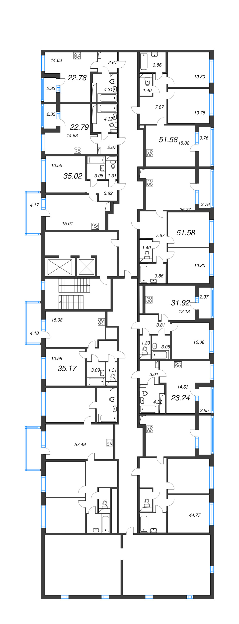 3-комнатная (Евро) квартира, 51.58 м² в ЖК "AEROCITY" - планировка этажа