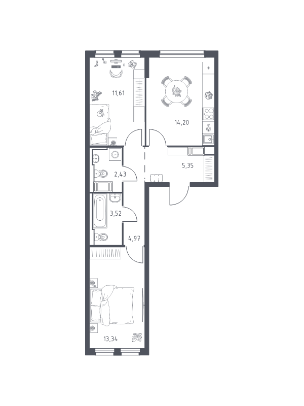 2-комнатная квартира, 55.42 м² в ЖК "Новое Колпино" - планировка, фото №1
