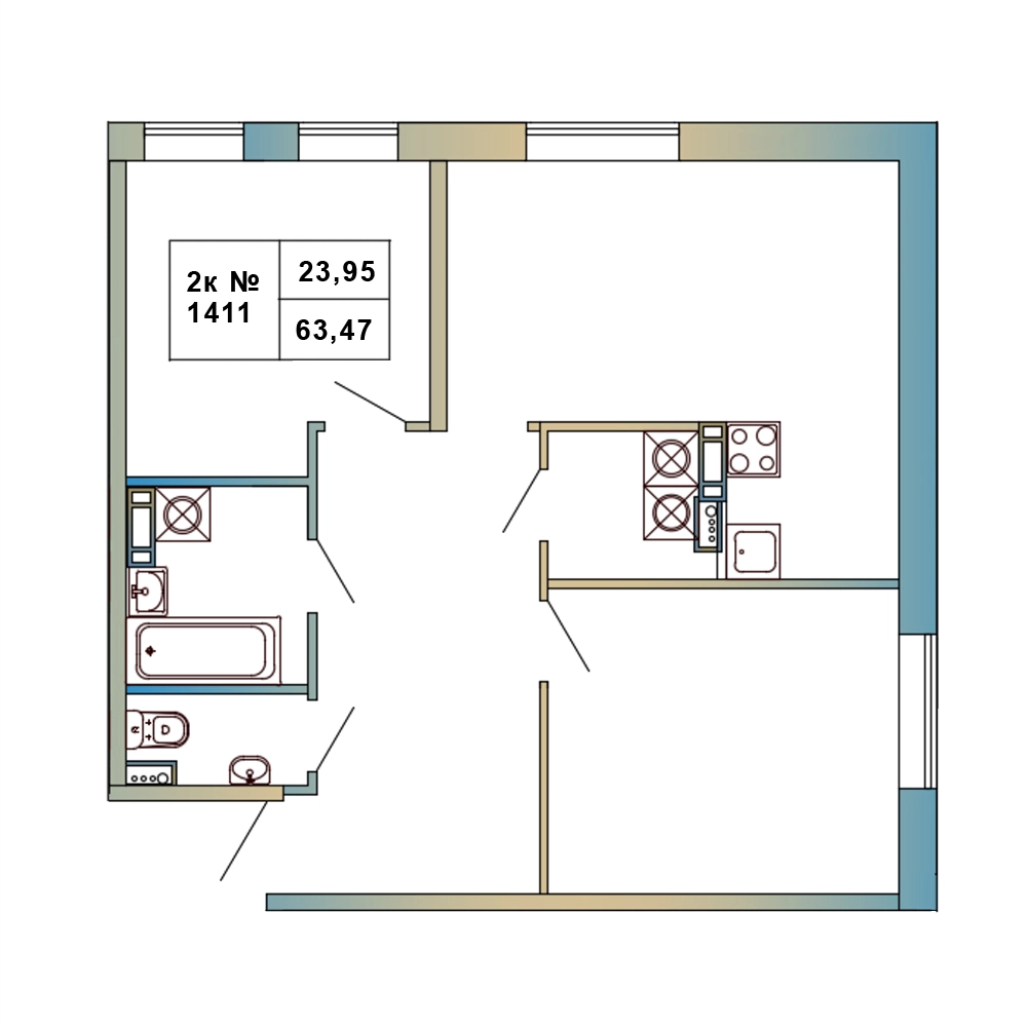 2-комнатная квартира, 63.47 м² в ЖК "Атмосфера Выборга" - планировка, фото №1