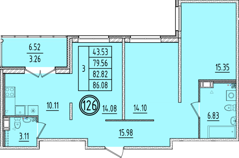 3-комнатная квартира, 79.56 м² в ЖК "Образцовый квартал 6.4" - планировка, фото №1