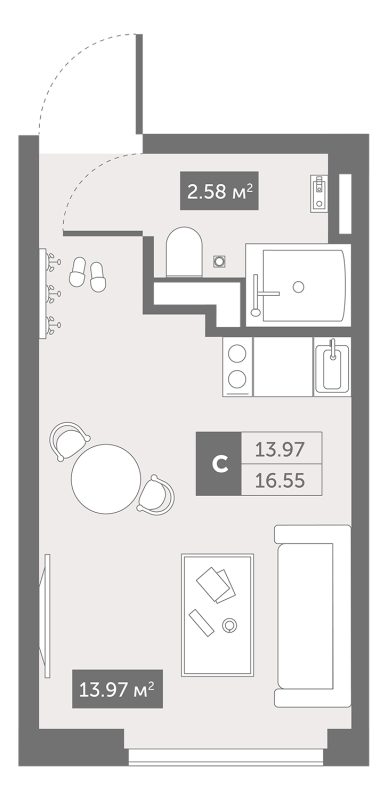Квартира-студия, 16.55 м² в ЖК "Zoom Черная речка" - планировка, фото №1