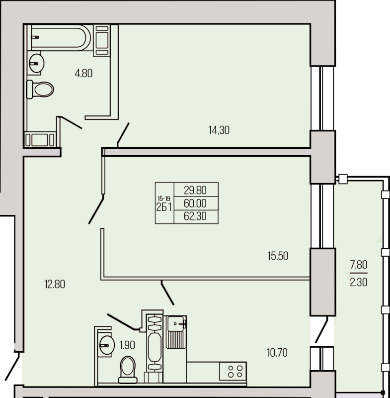 2-комнатная квартира, 62.3 м² в ЖК "Экос" - планировка, фото №1