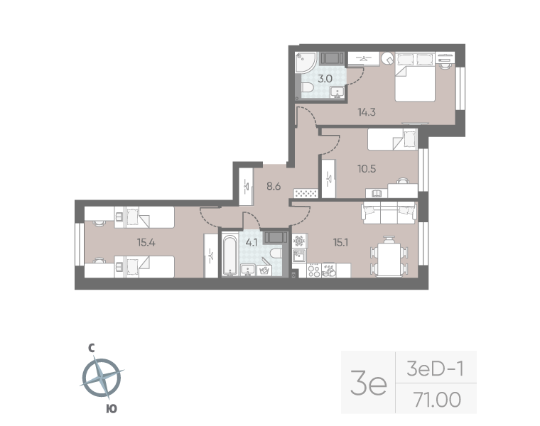 4-комнатная (Евро) квартира, 71 м² в ЖК "Большая Охта" - планировка, фото №1